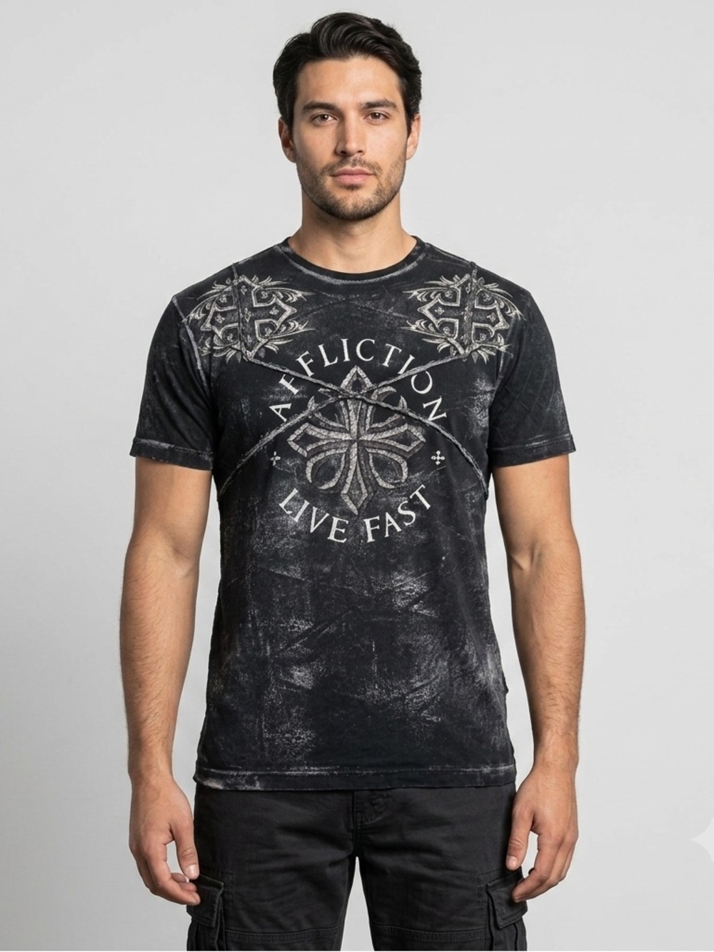 Affliction Live Fast Shirt Men’s XL Black Graphic Tee Cross Distressed Y2K USA